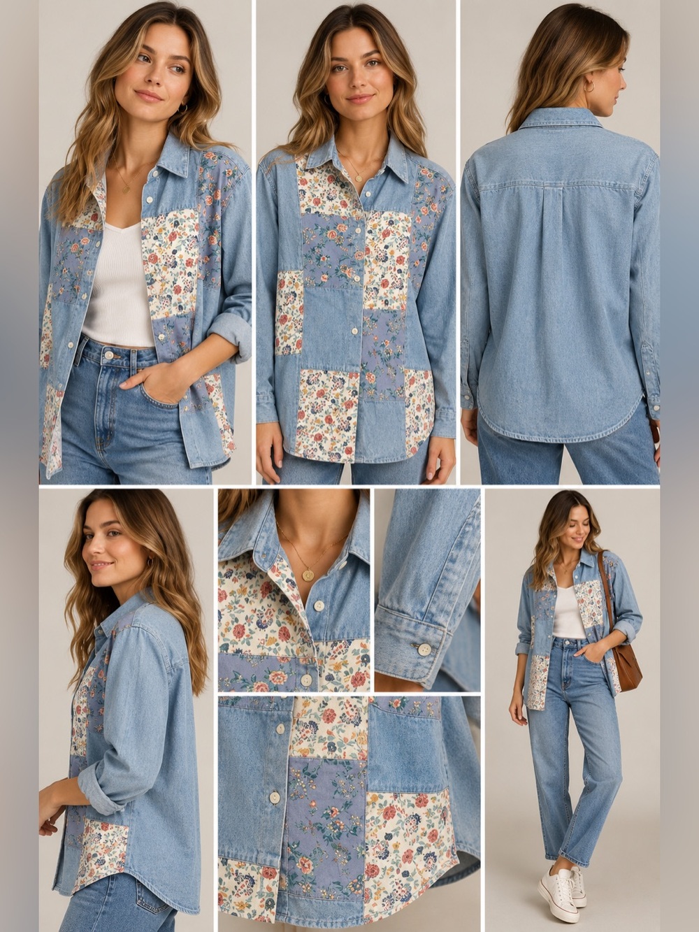 1990s Petite Sophisticate Patchwork Denim Shirt - Light Blue with Floral Panels